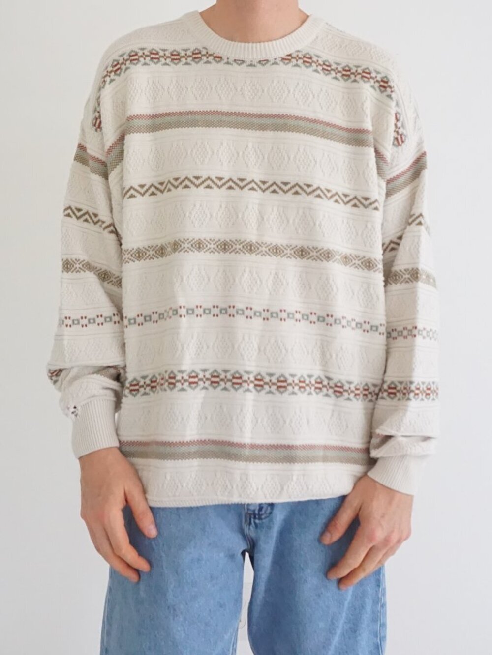Vintage Leo Chevalier Cream Fair Isle Textured Knit Sweater Cotton Blend XL